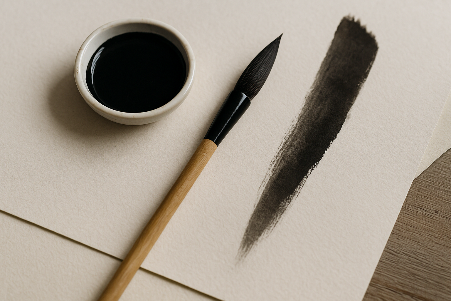 de l'encre, un pinceau, posés sur une feuille de papier